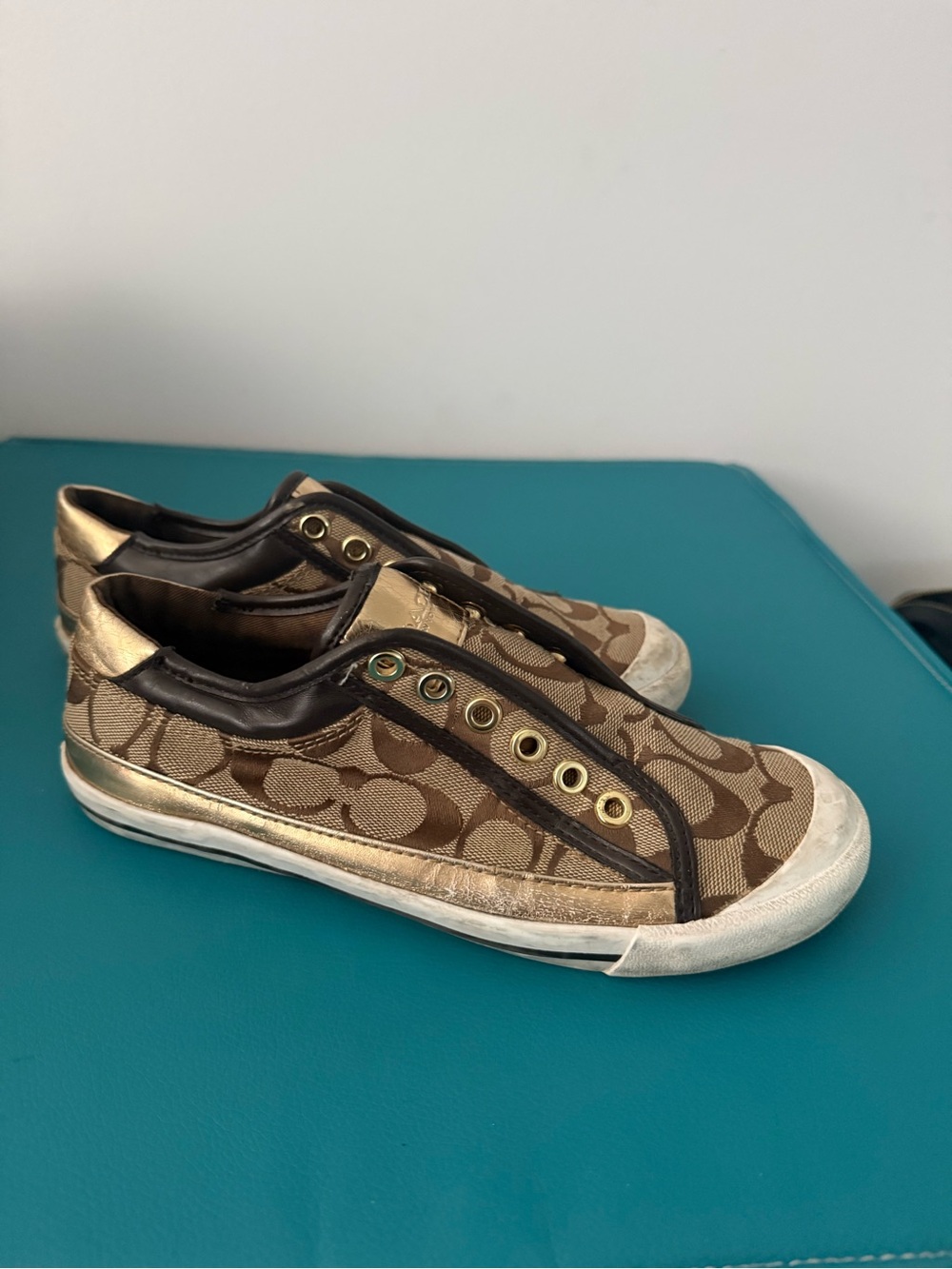Coach Signature Slip-On Sneakers in Brown and Gold Metallic —-Coach Felix A5010